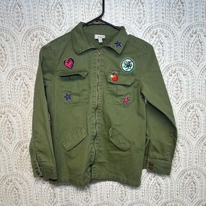 Disney Signed Girls Utility Jacket Green Patches Stars Apple Crown Size M 10:12